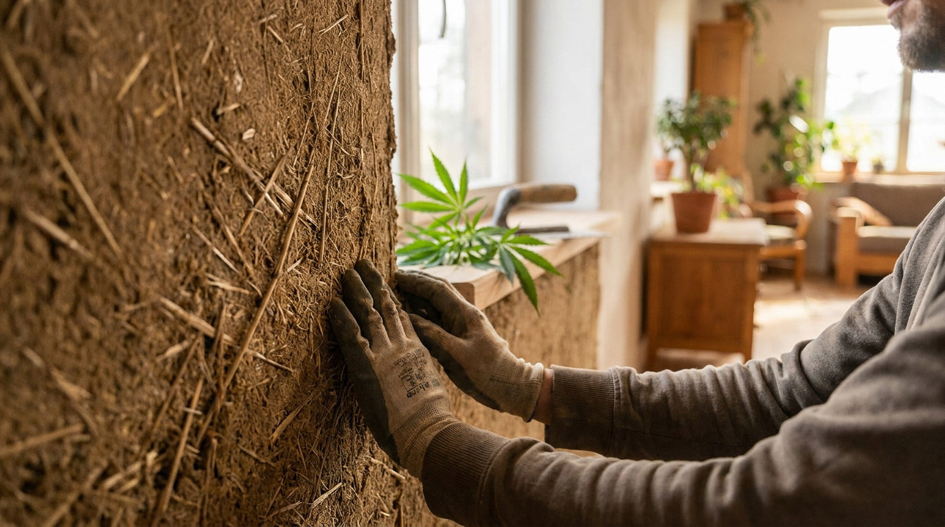 Un artisan en gants de travail applique du béton de chanvre sur un mur texturé avec une plante en arrière-plan.