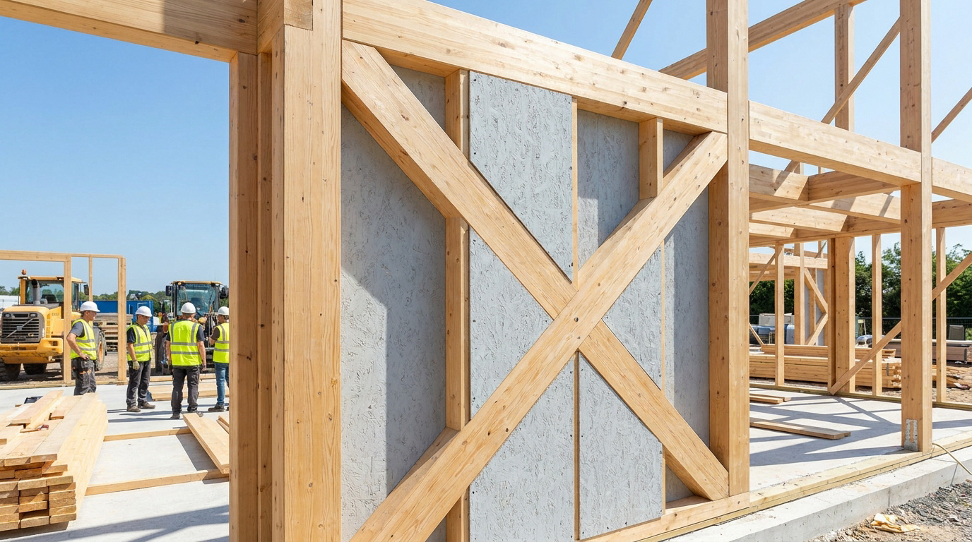 Ouvriers en tenue de sécurité sur le chantier d'une maison en ossature bois avec contreventement en croix.