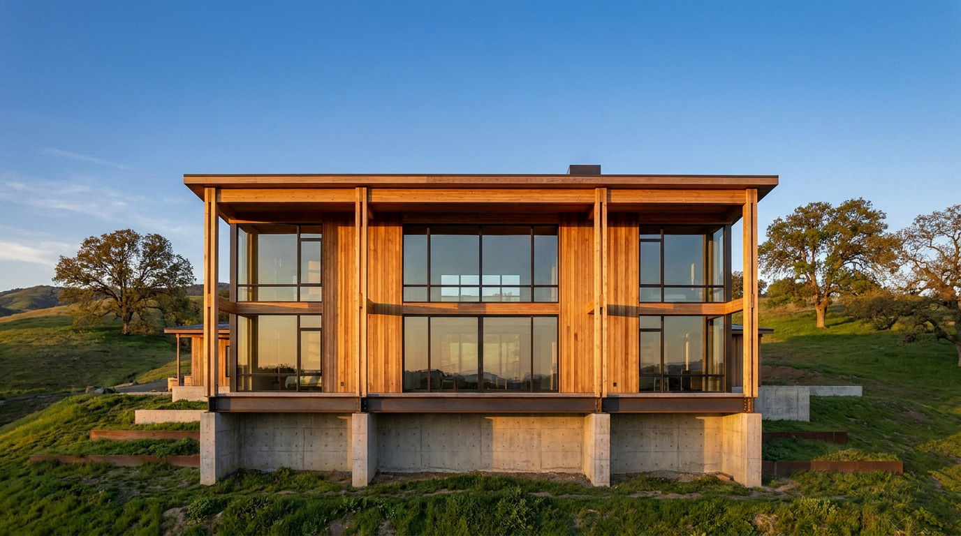 Maison moderne en bois et verre posée sur des fondations en béton dans un paysage vallonné au coucher du soleil.