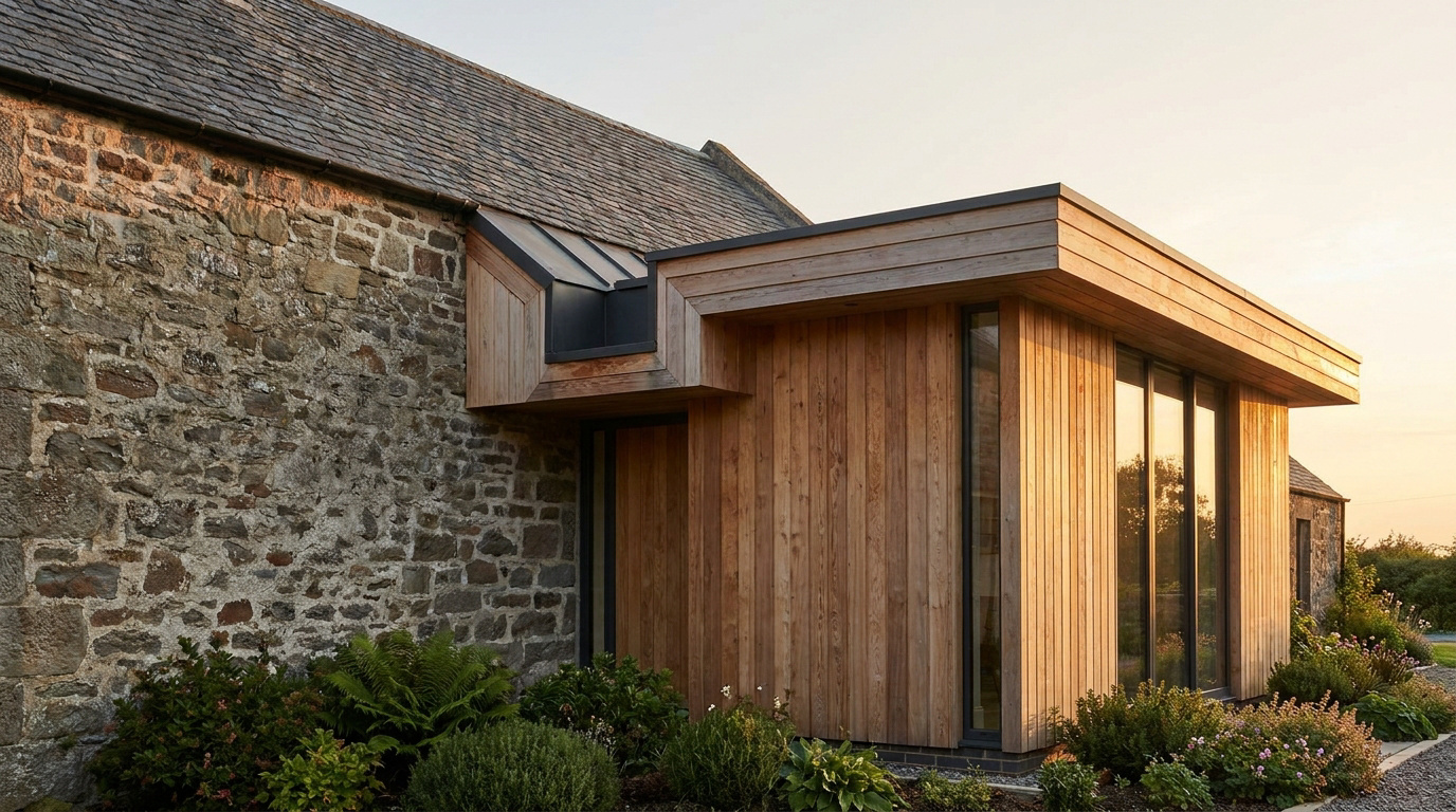 Extension moderne en bois accolée à une ancienne maison en pierre rustique lors d'un coucher de soleil.