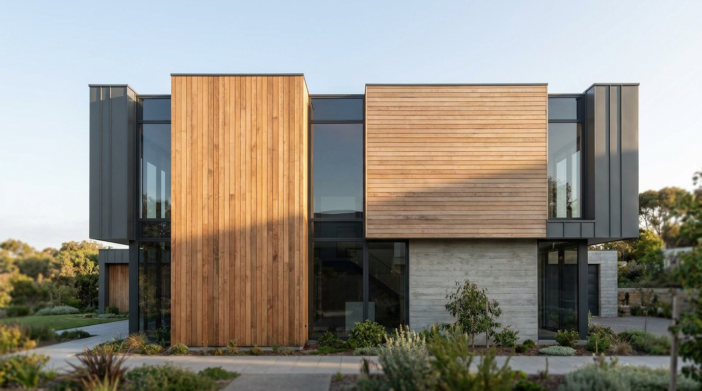 Maison moderne avec mélange de bardage bois vertical et horizontal et éléments en métal gris.