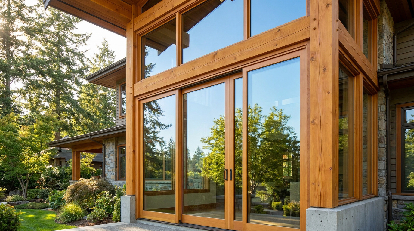 Grande baie vitrée coulissante avec cadre en bois massif intégrée dans une structure de maison contemporaine.