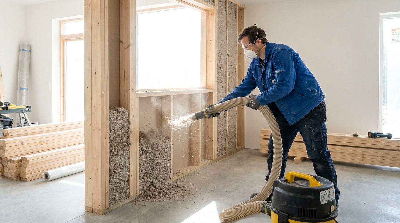 Un ouvrier en équipement de protection projette de la ouate de cellulose dans une cloison en bois à l'aide d'un tuyau.