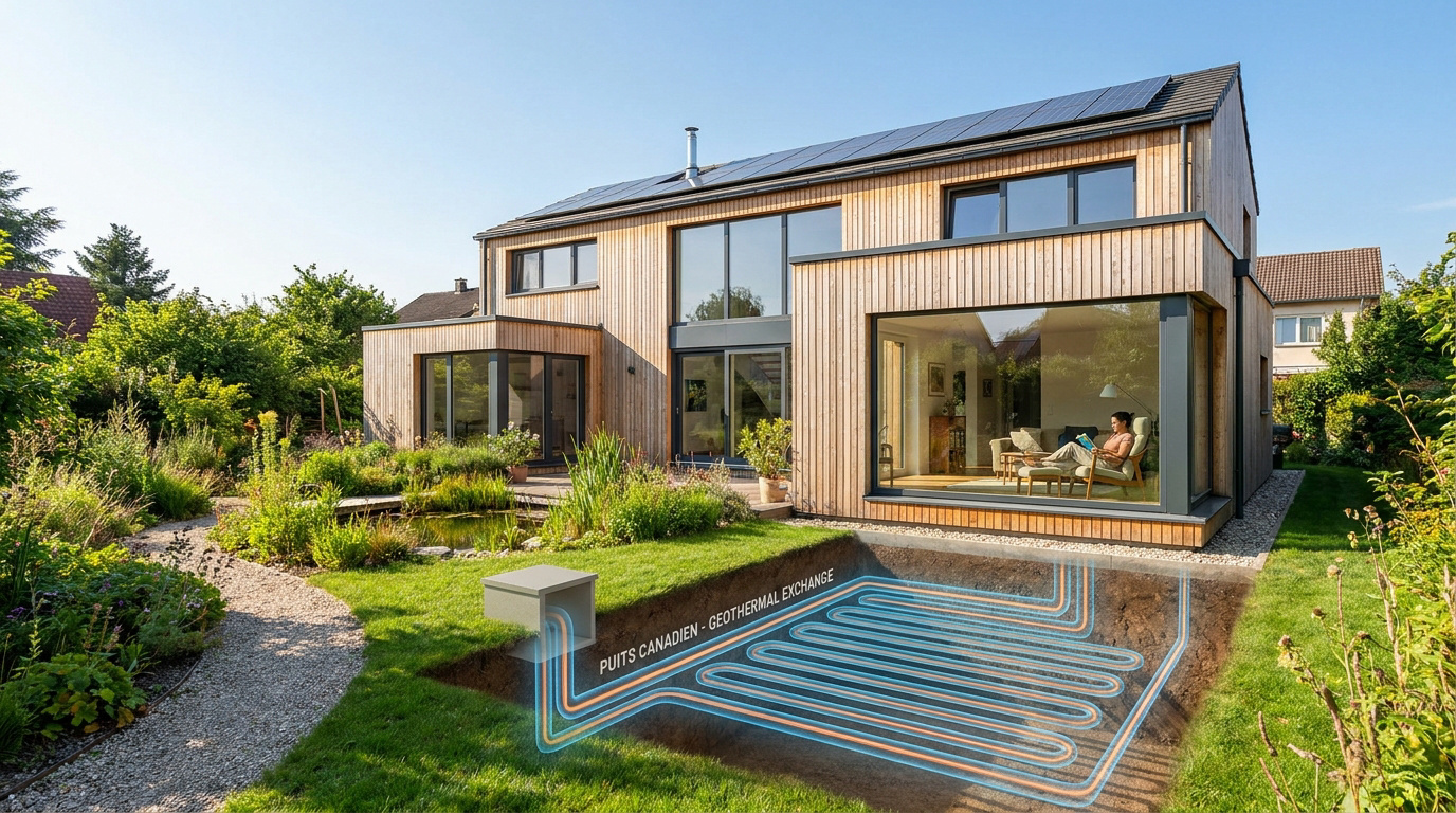 Schéma en coupe montrant un système de puits canadien enterré devant une maison en bois moderne avec panneaux solaires.