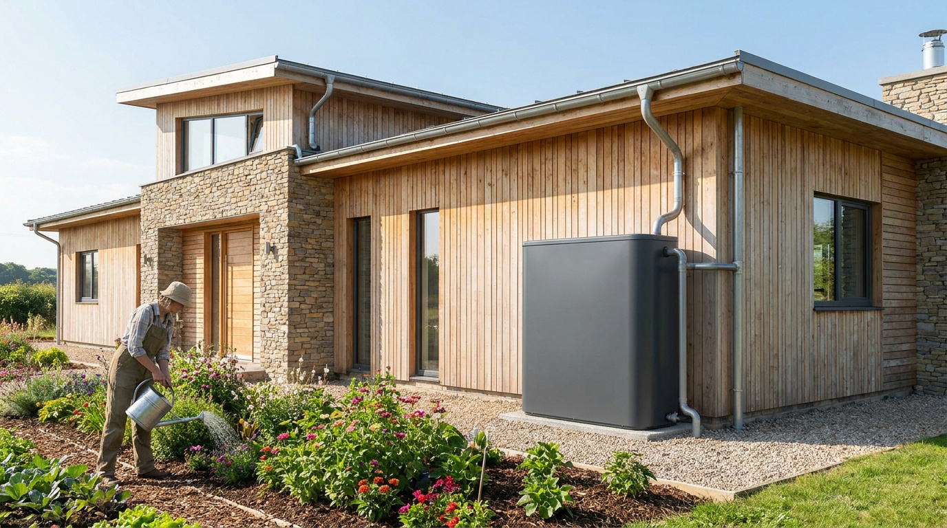 Une personne arrose son jardin avec un arrosoir à côté d'une maison moderne équipée d'un récupérateur d'eau de pluie.