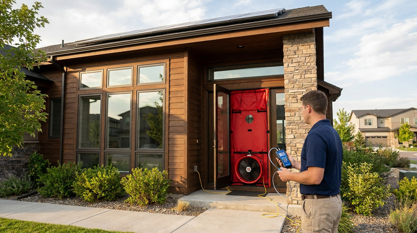 Un technicien réalise un test d'infiltrométrie avec une porte soufflante installée à l'entrée d'une maison moderne.
