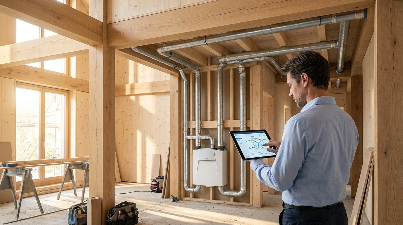 Un technicien configure une VMC double flux sur tablette dans une maison en bois en construction.
